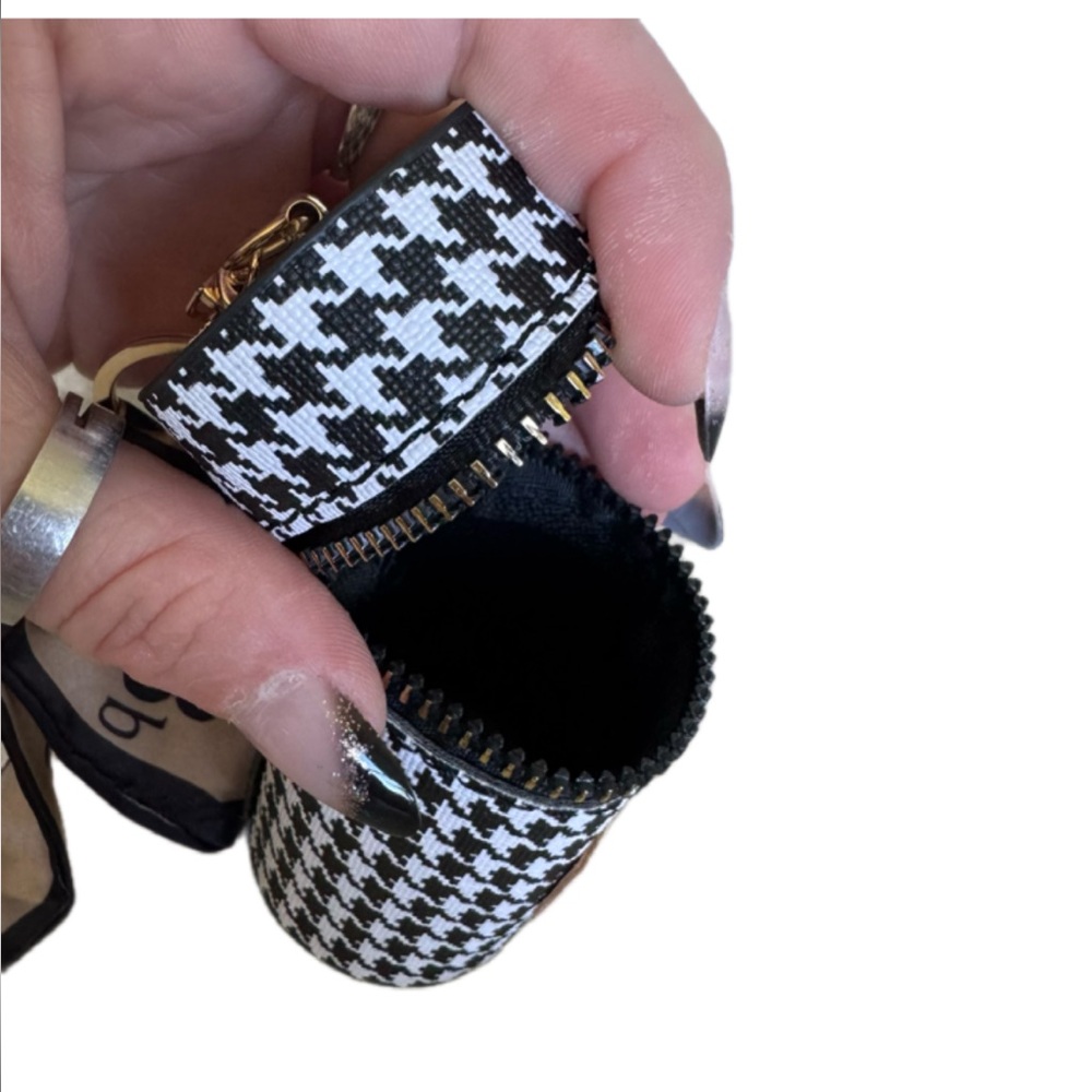 Black and White Bag Charm and Lipstic Holder Houndstooth Cylinder Bag - Picture 2 of 5